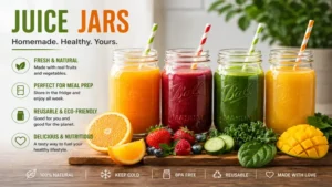Colorful mason juice jars filled with homemade fruit and vegetable juices.