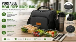 Portable meal prep lunch bag designed for work, school, gym, and travel