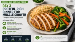 protein-rich dinner in a muscle gain diet plan 7 days with chicken rice broccoli and vegetables