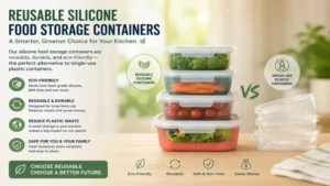 silicone food storage containers compared with disposable plastic containers to highlight reusable and eco-friendly benefits