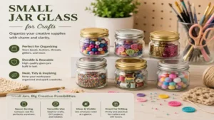 Small jar glass filled with craft supplies for creative organization ideas