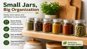 small jar collection neatly storing spices and seasonings on a kitchen shelf