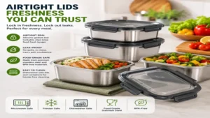 microwave safe stainless steel containers with airtight locking lids that help keep food fresh and leak free