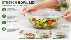 Hands stretching a flexible bowl lid over a salad bowl for secure and leak-resistant storage