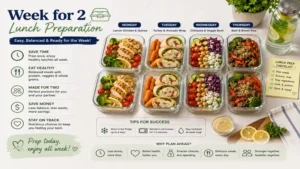 week for 2 lunch preparation with meal prep containers, balanced portions, and ready-to-eat healthy lunches