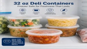 Freezer-ready 32 oz deli containers filled with prepared meals for long-lasting freshness and storage.