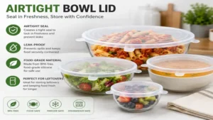 Airtight bowl lid covering leftover meals in various bowls for convenient kitchen storage