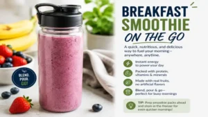 healthy breakfast ideas on the go with a portable breakfast smoothie made from fruit, yogurt, and nutritious ingredients