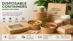 Disposable containers crafted from paper materials for sustainable food service and takeaway packaging