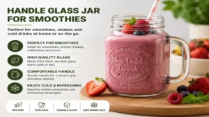 handle glass jar for smoothies with thick fruit smoothie and ergonomic handle