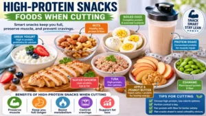 High-protein snacks as foods when cutting including Greek yogurt, eggs, nuts, and protein shakes for satiety