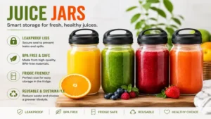 Reusable juice jars with leakproof lids designed for fresh homemade drinks.