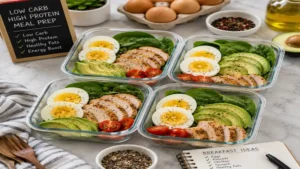 Nutritious low carb high protein meal prep breakfast with eggs, avocado, chicken, and spinach