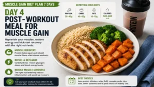 post-workout meal in a muscle gain diet plan 7 days supporting recovery with protein and carbohydrates