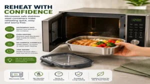 Prepared meal inside microwave safe stainless steel containers ready for convenient reheating and everyday use