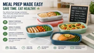 silicone food storage containers filled with healthy meal prep portions for weekly planning, food storage, and convenient eating