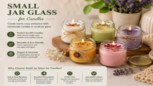 Small jar glass repurposed as a stylish container for handmade candles