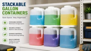 Space-saving stackable gallon containers organized neatly on storage shelves