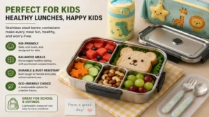 stainless steel bento containers packed with healthy foods for school lunches and family outings