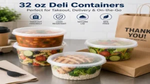 Restaurant-style 32 oz deli containers ideal for takeout, food delivery, and meals on the go.