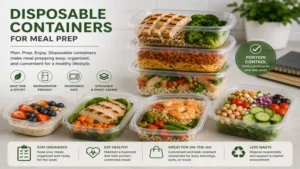 Disposable containers organized with portion-controlled meals for weekly meal prep and healthy eating