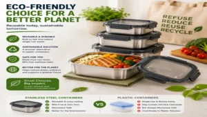 Reusable microwave safe stainless steel containers offering an eco-friendly alternative to disposable plastic containers