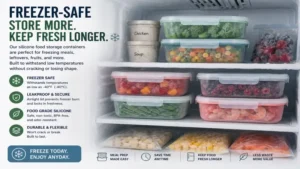 silicone food storage containers storing frozen fruits, vegetables, and prepared meals safely inside a freezer environment