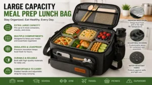 Large capacity meal prep lunch bag with multiple compartments for organized storage