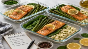 Fresh low carb high protein meal prep with salmon, asparagus, cauliflower rice, and spinach