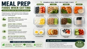 Weekly meal prep featuring foods when cutting with portion-controlled containers and balanced nutrition