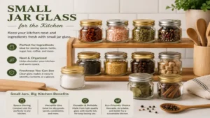 Small jar glass arranged neatly in a kitchen for ingredient storage