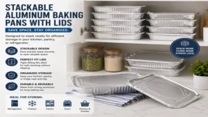 stackable aluminum baking pans with lids neatly organized to maximize kitchen, pantry, and refrigerator storage space