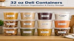 Labeled pantry ingredients neatly organized using reusable 32 oz deli containers.