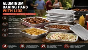 aluminum baking pans with lids for bbq gatherings holding grilled meats, side dishes, and outdoor party foods