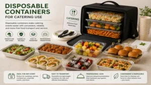 Disposable containers prepared for catering events with assorted foods, convenient transport, and professional presentation