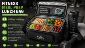 Fitness-focused meal prep lunch bag carrying high-protein meals and healthy snacks