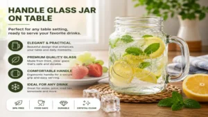 handle glass jar on table ready for serving water, juice, tea, and cold drinks
