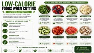 Low-calorie foods when cutting including leafy greens, berries, cucumbers, and mushrooms for weight management