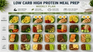 Weekly low carb high protein meal prep schedule with prepared meals for breakfast, lunch, dinner, and snacks