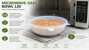 Microwave-safe bowl lid covering a soup bowl during reheating to prevent splatters