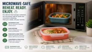 silicone food storage containers used for microwave reheating of prepared meals with safe, durable, and food-grade materials