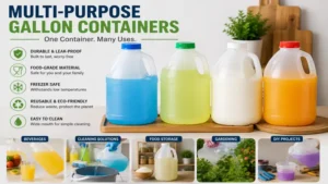 Multi-purpose gallon containers used for beverages, cleaning, food storage, gardening, and DIY projects