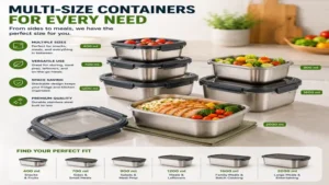 Collection of microwave safe stainless steel containers in multiple sizes for meal prep and food storage needs
