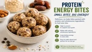 healthy breakfast ideas on the go with homemade protein energy bites made from oats, nuts, and natural ingredients