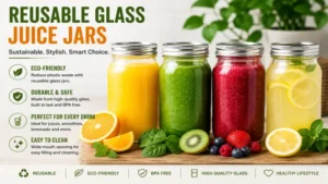 Reusable glass juice jars for smoothies, juices, lemonade, and everyday beverage storage.