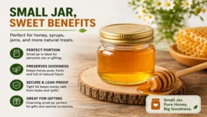 small jar filled with natural honey displayed with a honey dipper on a wooden table