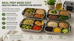 stainless steel bento containers prepared with vegetables, proteins, and grains for weekly meal prep