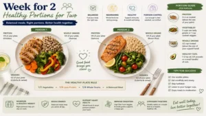 week for 2 healthy portions guide showing balanced plates, proper serving sizes, and nutritious meals for two