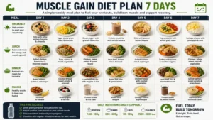 weekly meal schedule for a muscle gain diet plan 7 days showing breakfast lunch dinner and snacks