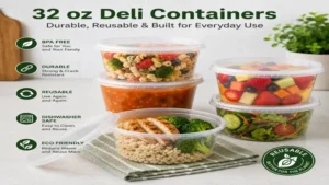 Durable reusable 32 oz deli containers designed for everyday food storage and repeated use.